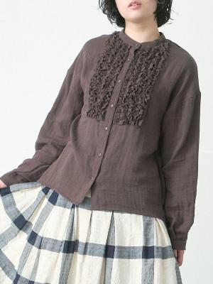 フリンジフリルバンドカラーブラウス 綿Wガーゼ
