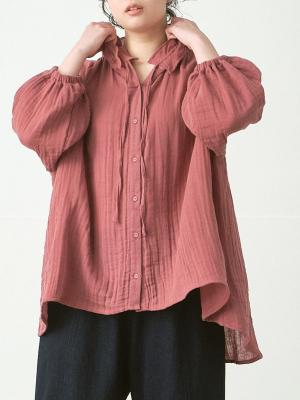 襟フリルフーディブラウス　綿Wガーゼ