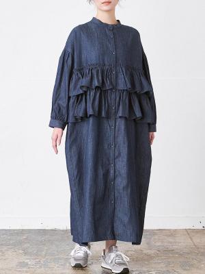 バンドカラーフリルワンピース　コットンリネンデニム｜patron et D*g*y