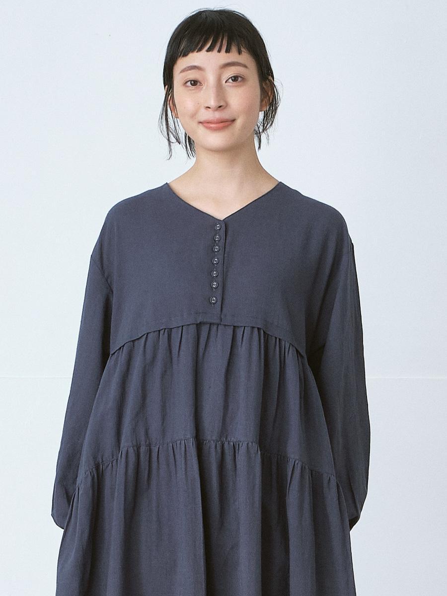 期間限定! DKNY Vネック シフォン ミディワンピース Vネックティアードワンピース 綿麻オックス | OPナガソデ
