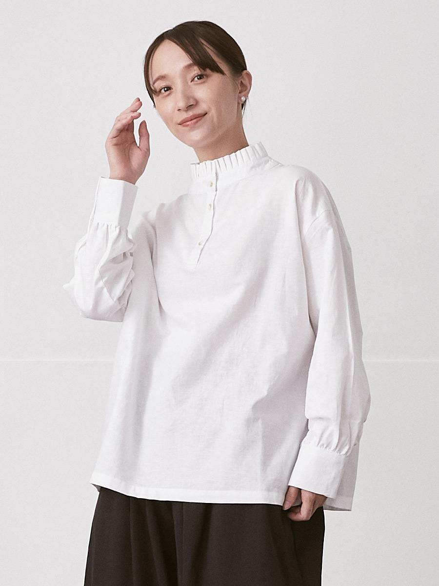 フリルスタンドカラーブラウス 綿麻オックス | シャツBLナガソデ