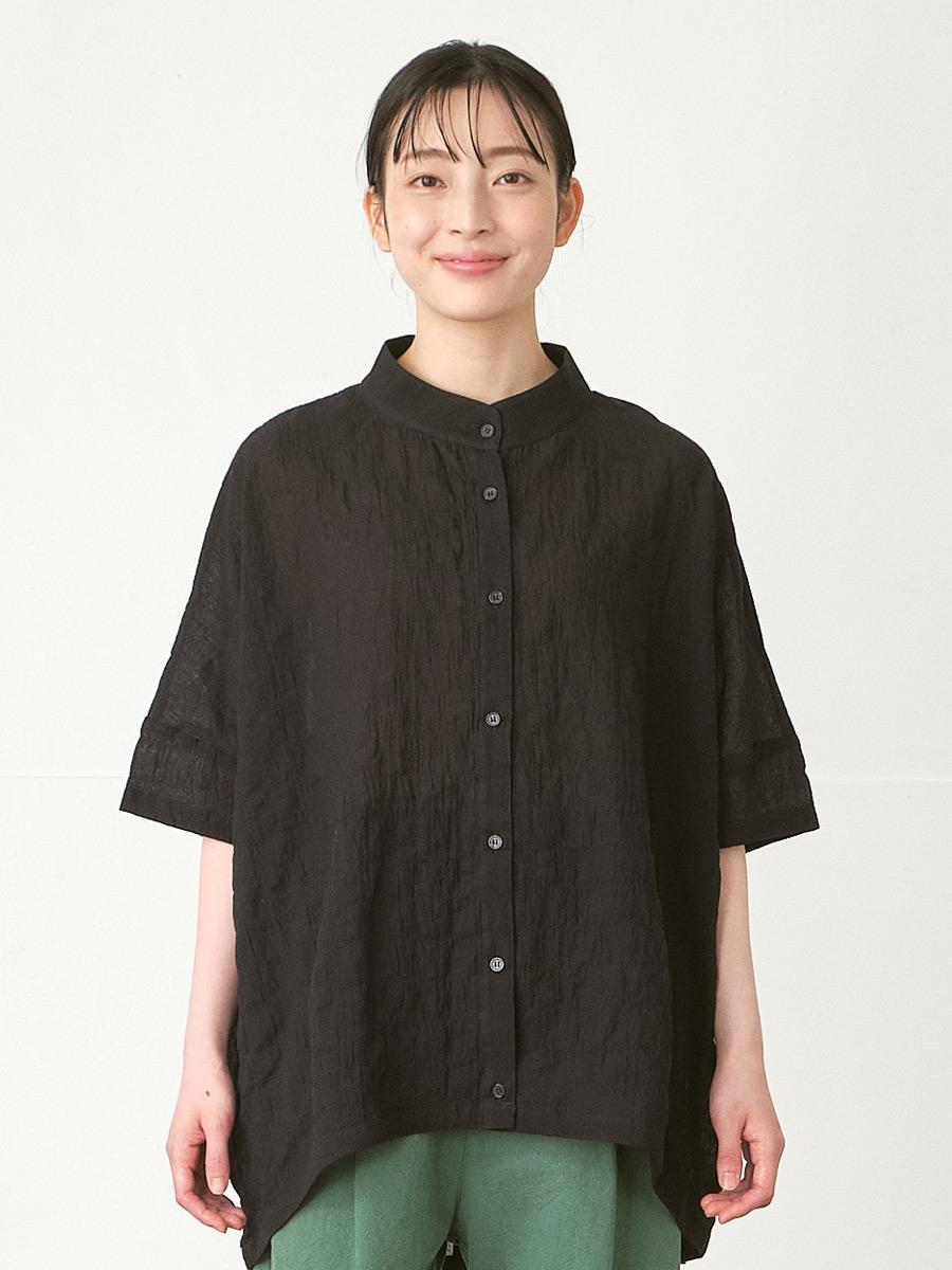 STAMP AND DIARY リネン　バンドカラー　シャツ　ブラウス　黒 バンドカラーブラウス コットン混シャーリング | シャツBLゴブソデ