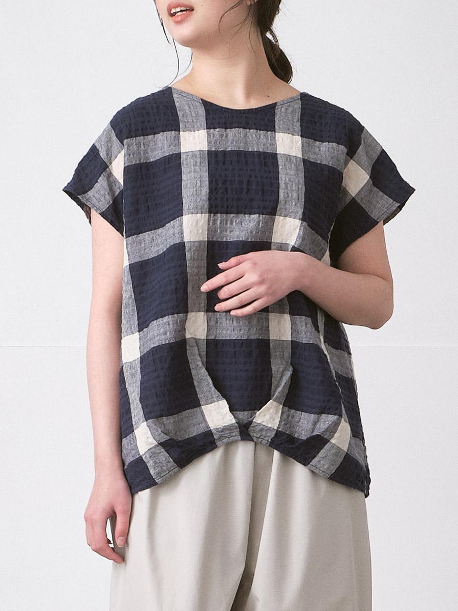 フレンチスリーブブラウス 綿麻リップルチェック | シャツBLハンソデ