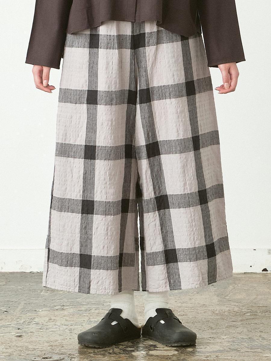 フレアパンツ 綿麻ブロックチェック D6356