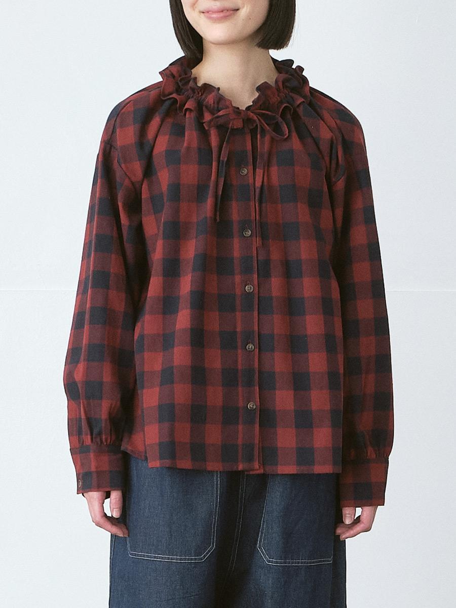 襟フリル＆リボンブラウス 綿ブロックチェック | シャツBLナガソデ