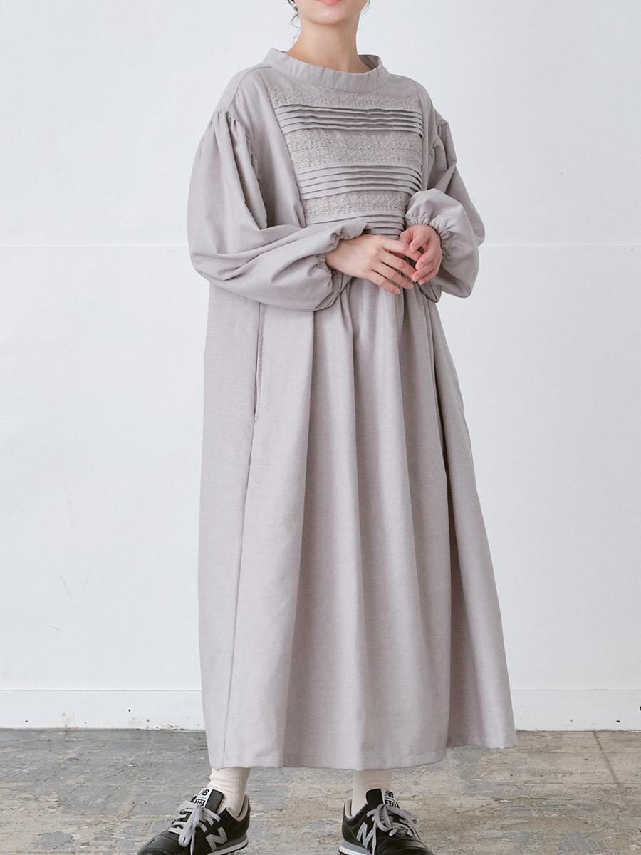 レース×ピンタック フレアワンピース 綿ネル起毛 | OPナガソデ