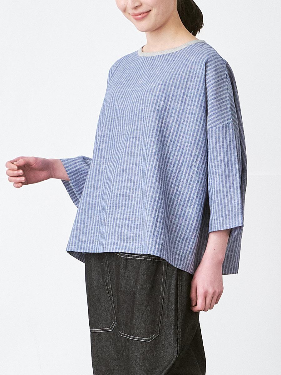 配色プルオーバーブラウス 綿麻ストライプ | シャツBLナガソデ