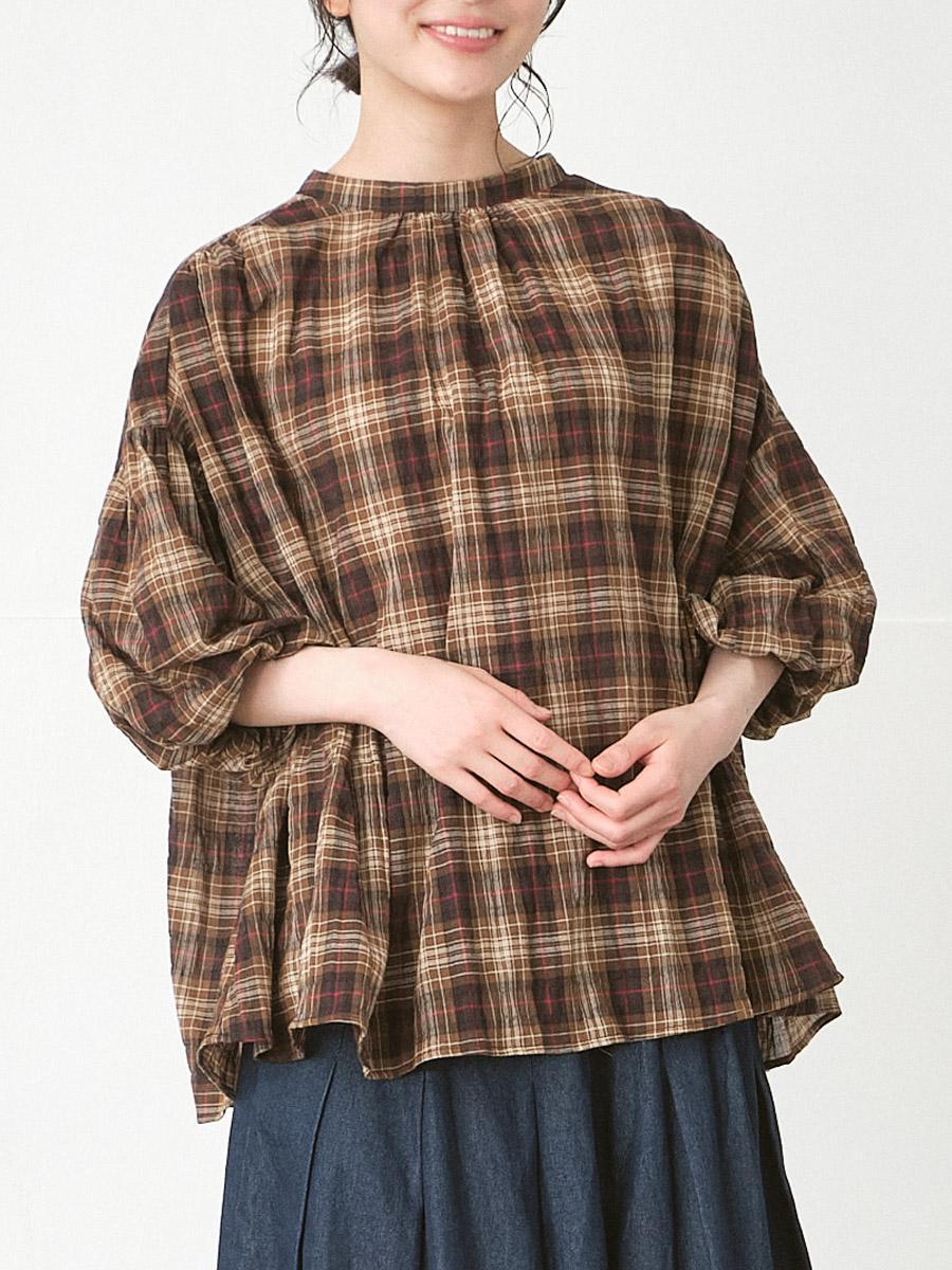 ロールカラーブラウス コットン混ガーゼチェック | シャツBLナガソデ