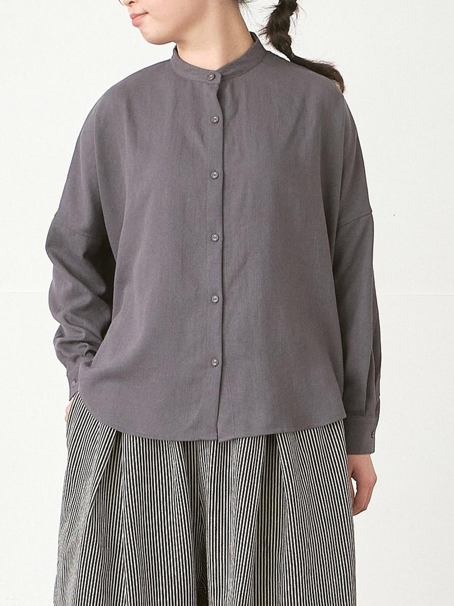 休日と詩　　グレー　　バンドカラーバックギャザーブラウス バックギャザーバンドカラーブラウス T/Rスラブ | シャツBLナガソデ