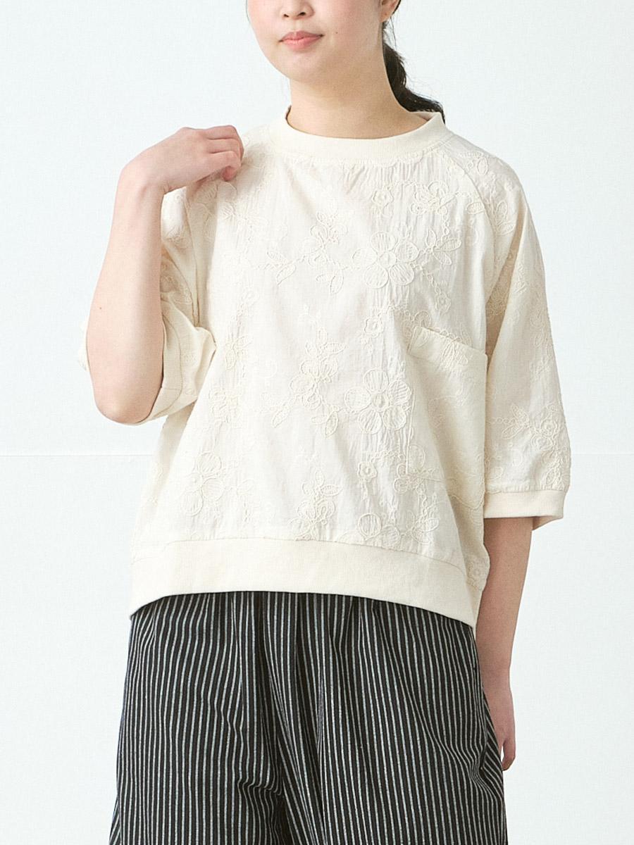 リブプルオーバーブラウス 綿フラワー刺繍 | シャツBLシチブソデ
