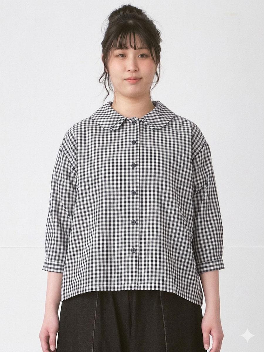 ダブルカラーブラウス コットン混リップルギンガムチェック | シャツBL
